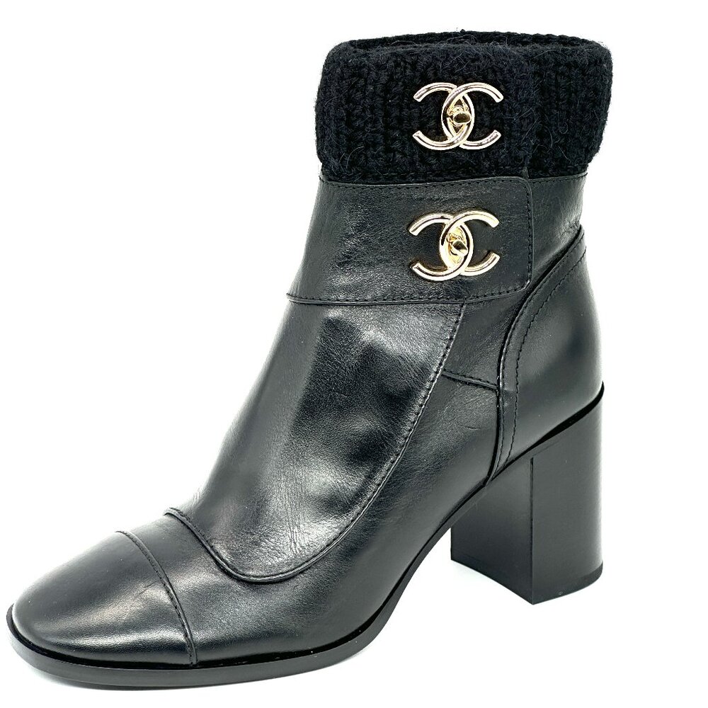 CHANEL 23K 2023 Turnlock CC Leather Knit Cuff Ankle Bootie Boots Heels - Picture 3 of 16